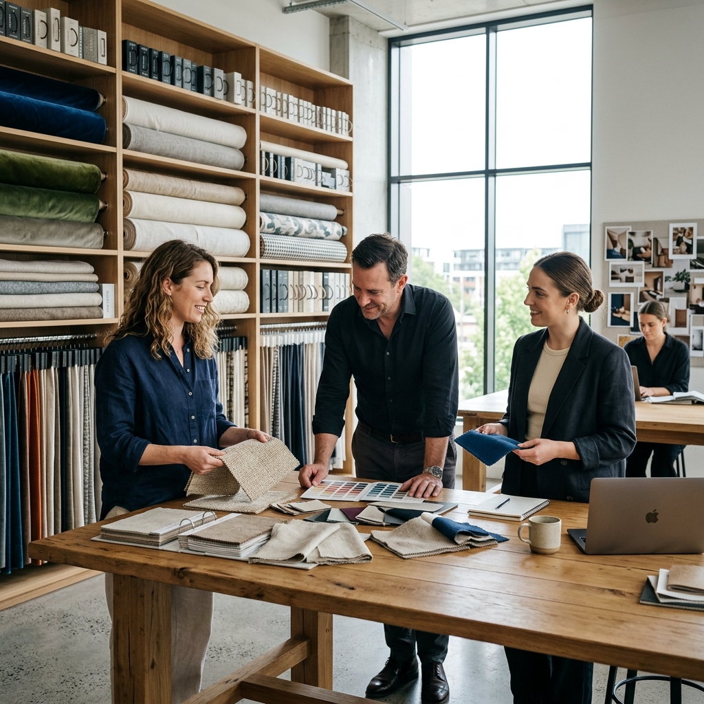 STS team reviewing textile materials in a studio workspace