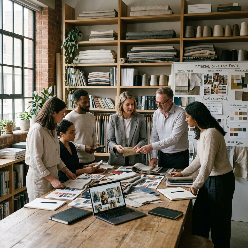 STS team reviewing textile materials and strategy in a studio workspace