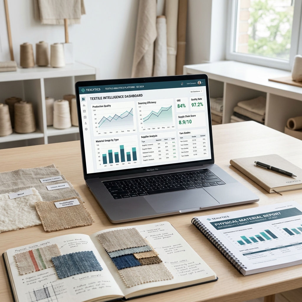 Laptop dashboard with textile swatches and market notes