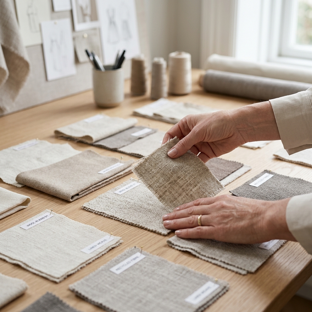 Hands reviewing textile swatches on a material table