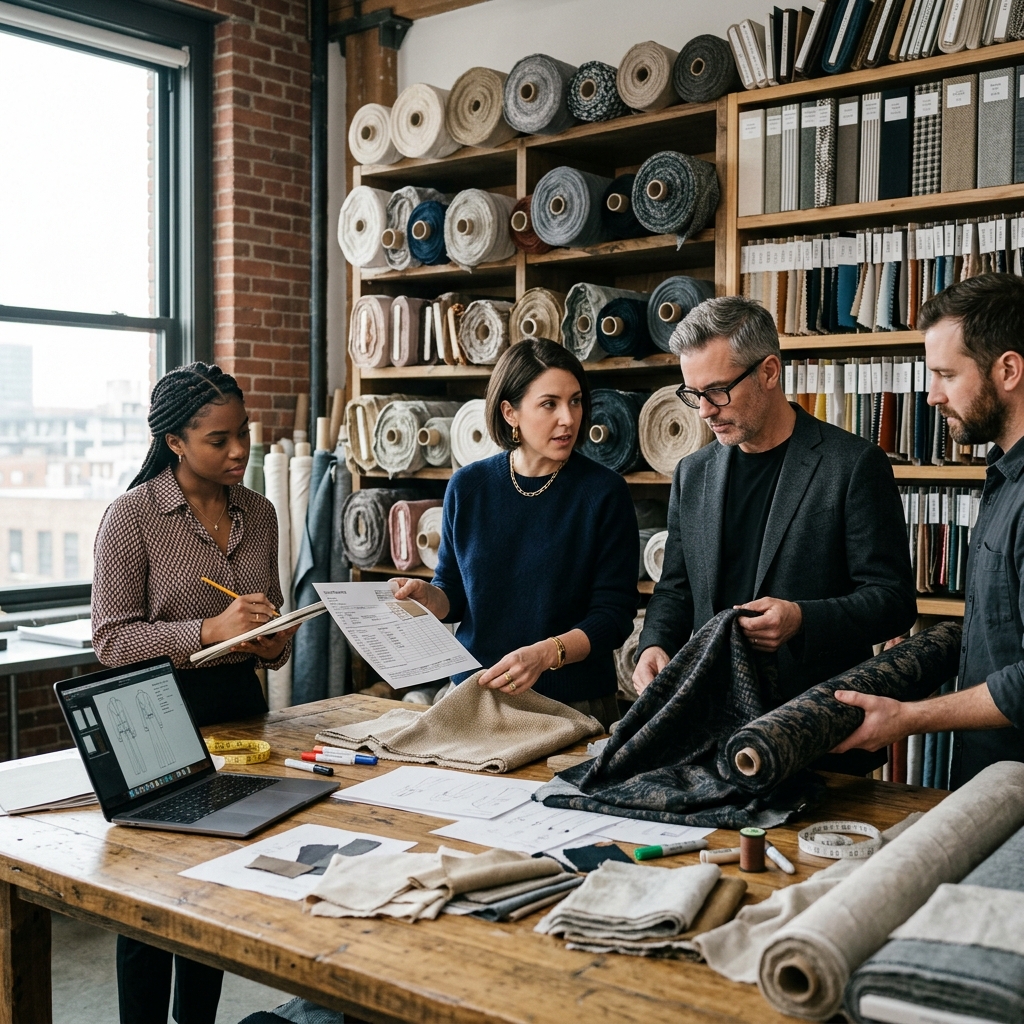Team reviewing product samples in a textile studio