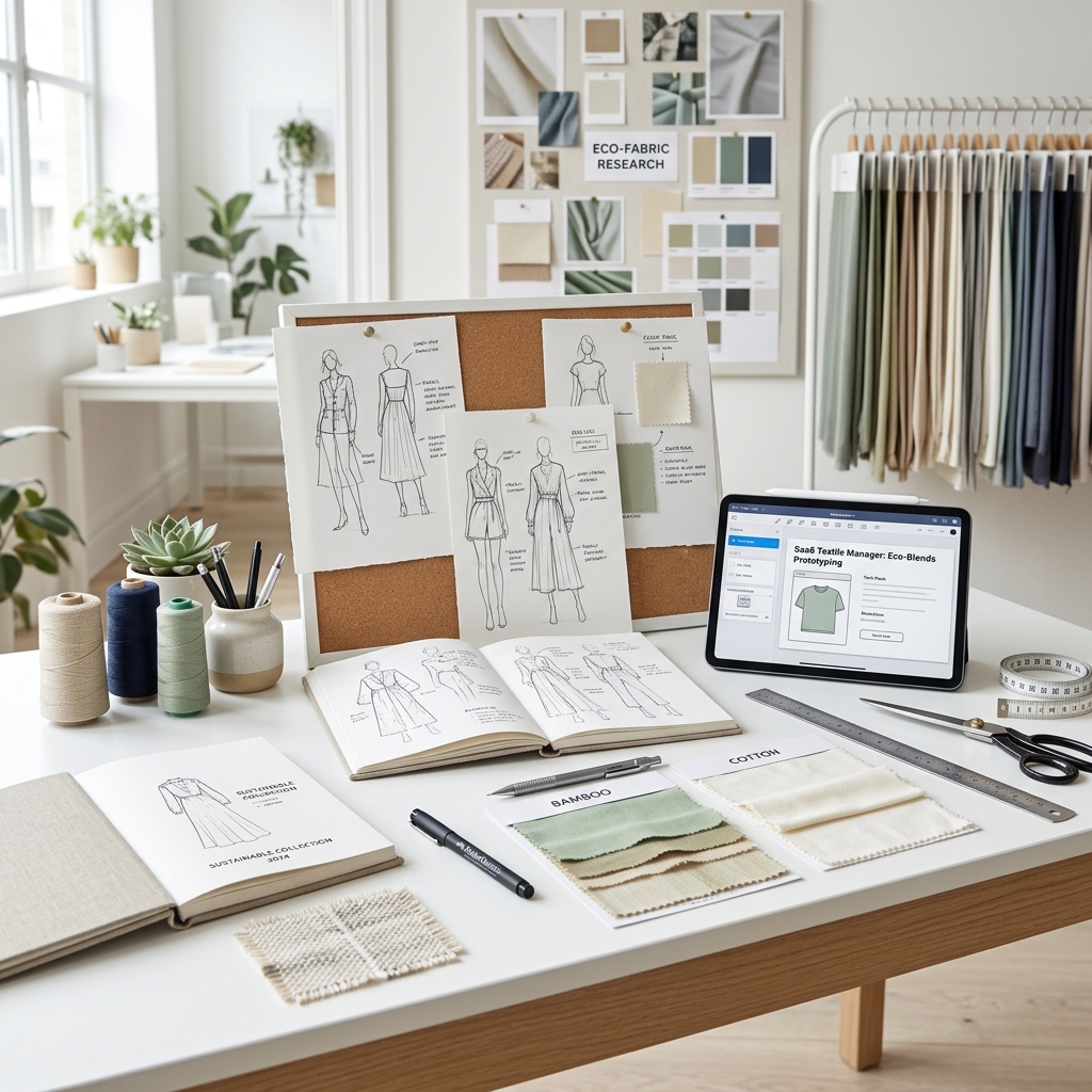 Product sketch workspace with fabric swatches on white desk
