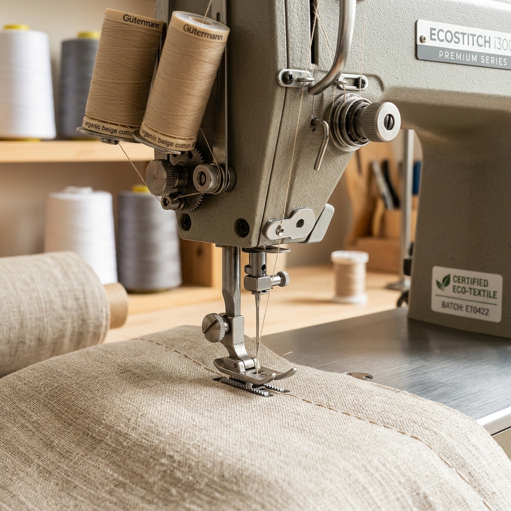 Close-up of modern industrial sewing machine stitching eco-friendly fabric