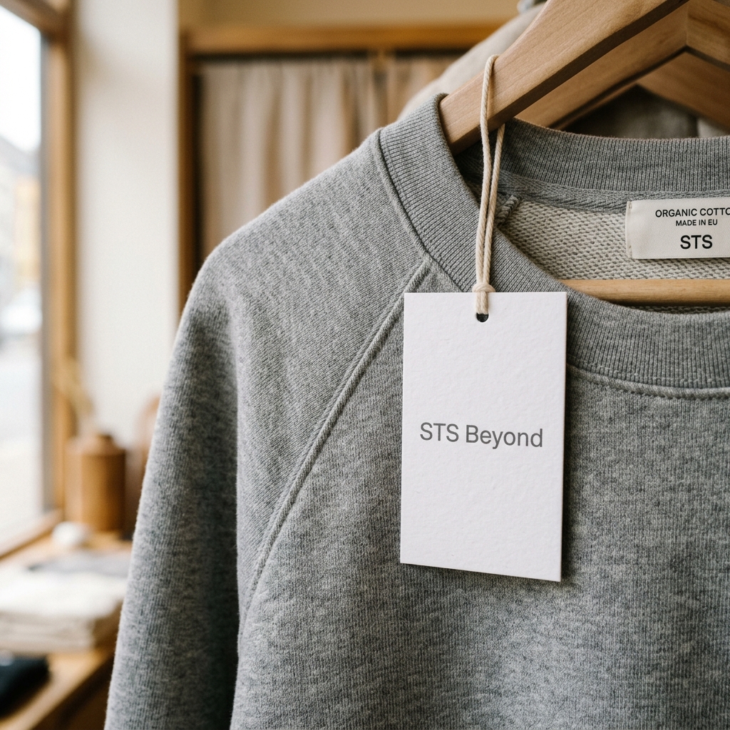 Close-up of a completed premium garment made of organic cotton with an STS Beyond hang tag