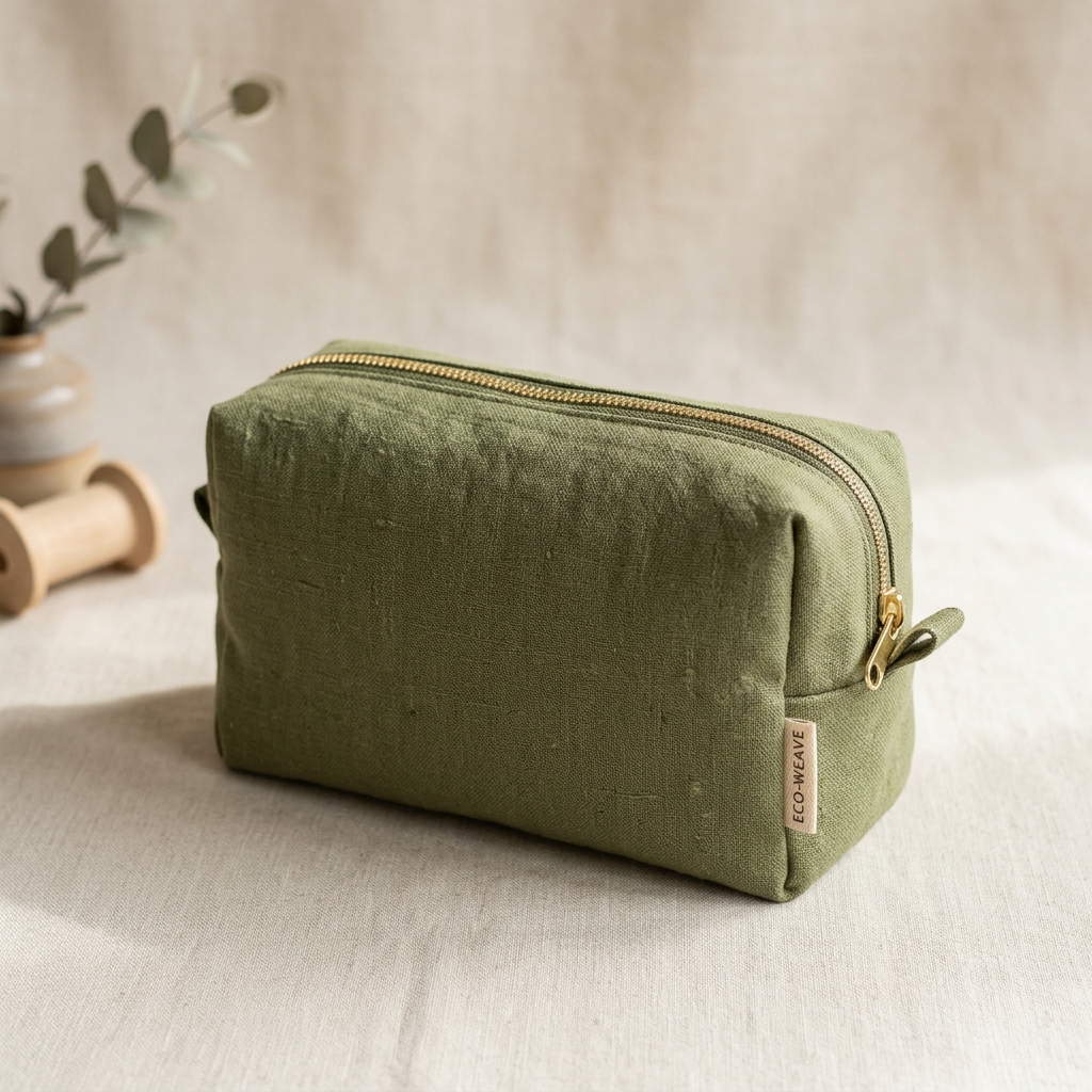 Minimalist olive green recycled fabric cosmetic bag with brass zipper