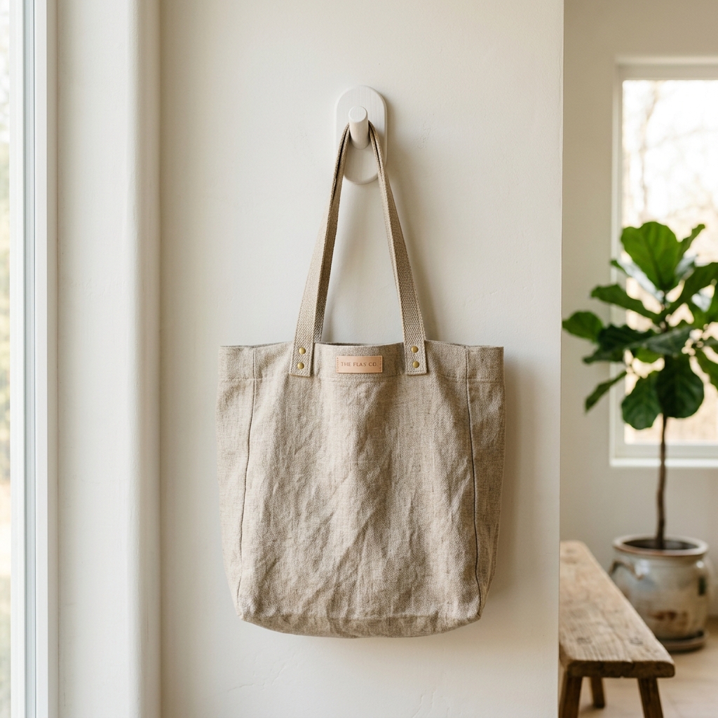 Durable linen tote bag hanging on a minimalist white wooden hook