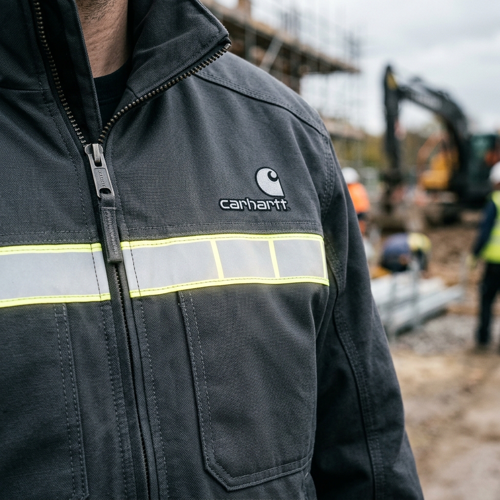 Premium close-up of dark grey high-performance industrial workwear jacket
