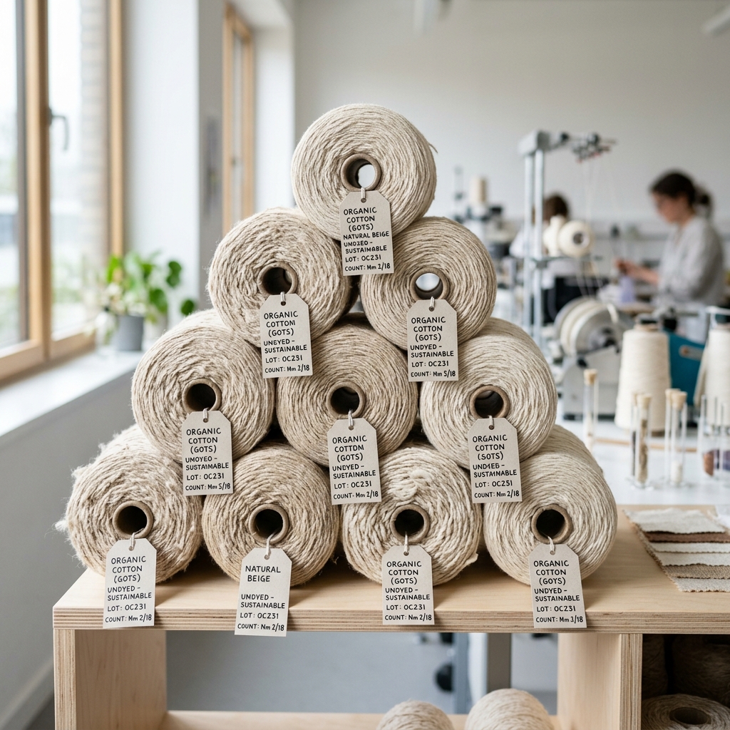 Natural beige and organic cotton yarn rolls stacked in a light-filled textile lab